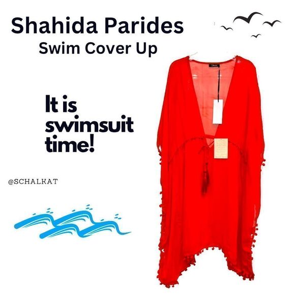 11-Cherry Red Tassel Trim Short Swim Cover by Shahida Parides - Picture 2 of 11
